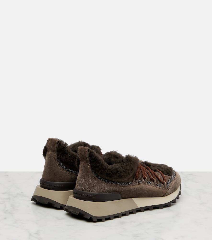 Brunello Cucinelli Shearling-lined Suede Low-top Sneakers In Brown