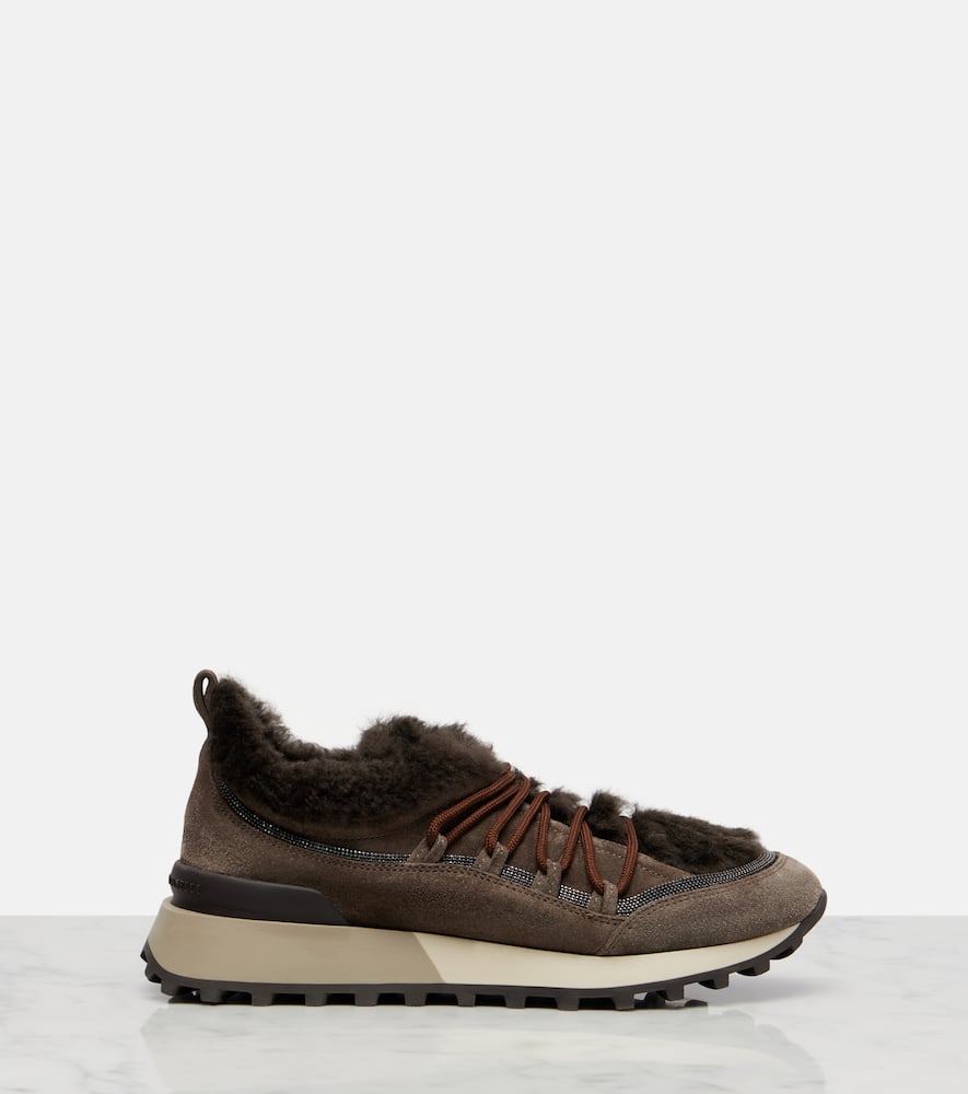 Brunello Cucinelli Shearling-lined Suede Low-top Sneakers In Brown