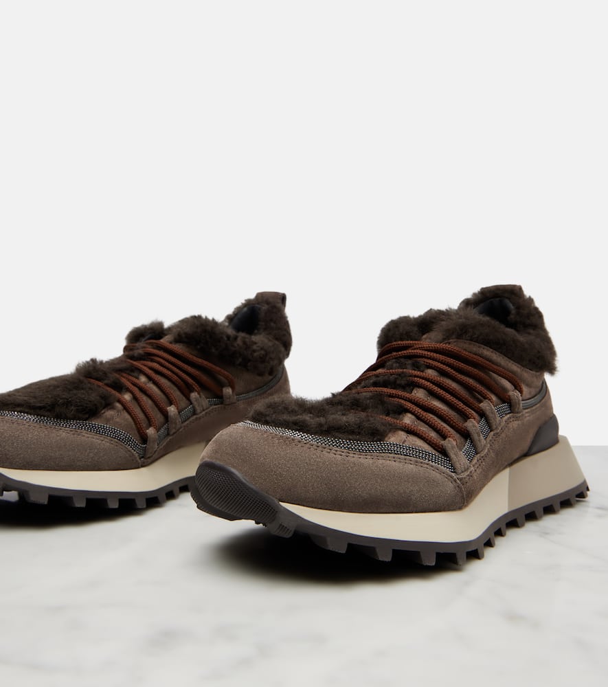 Brunello Cucinelli Shearling-lined Suede Low-top Sneakers In Brown