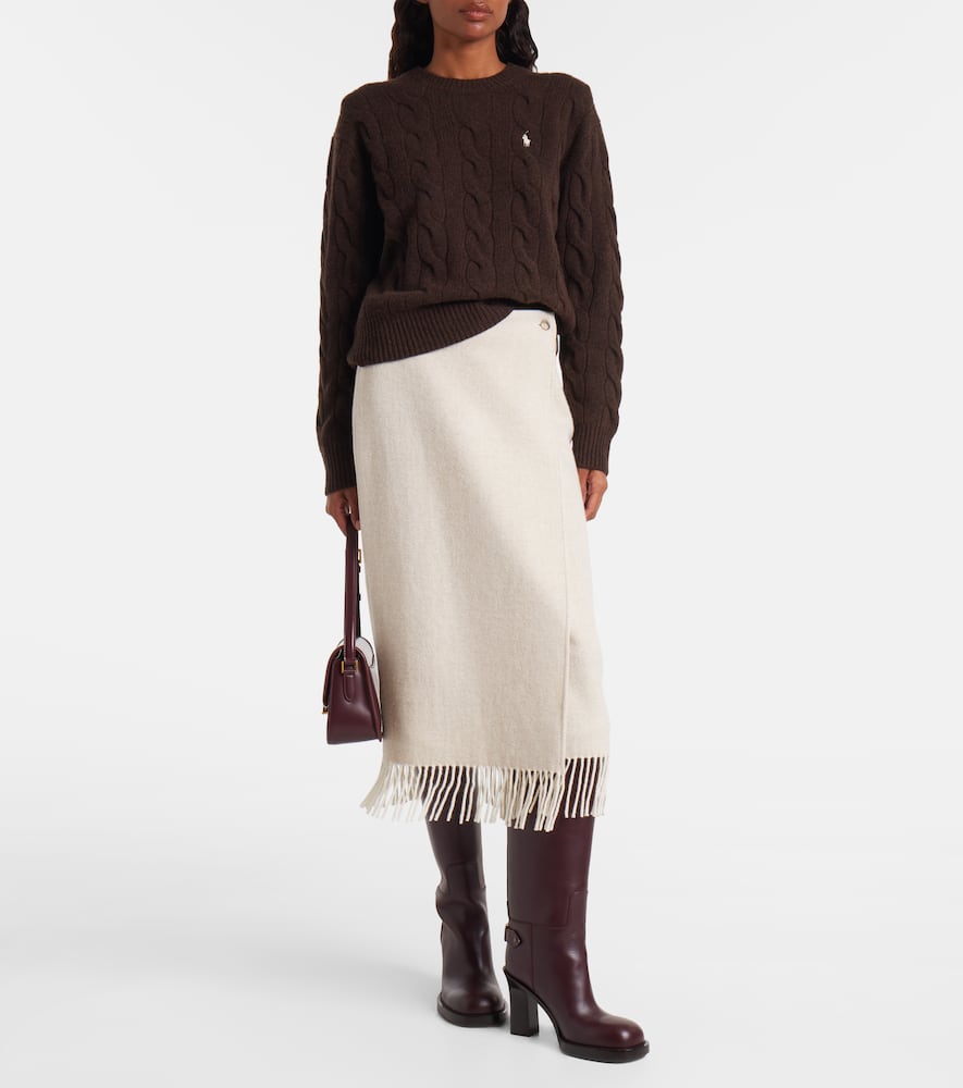 Polo Ralph Lauren Embroidered Cable-knit Wool And Cashmere-blend Cardigan In Brown