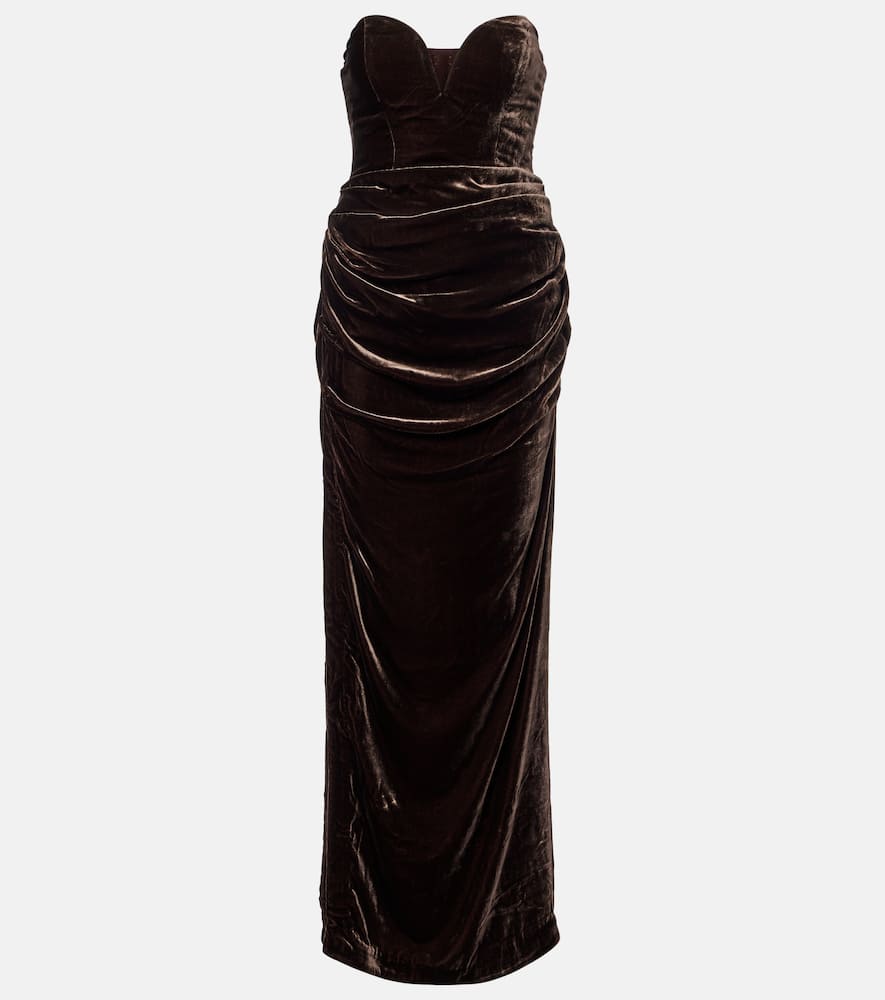 Rotate Birger Christensen Draped Velvet Bustier Gown In Brown