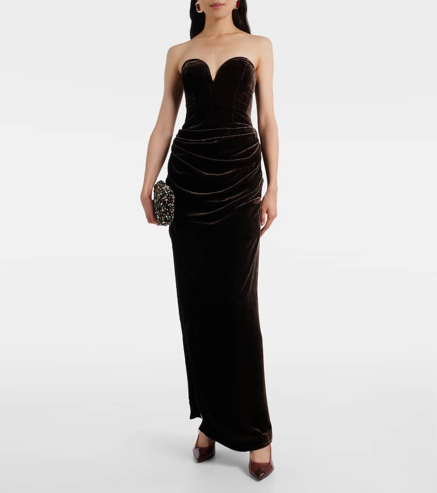 Rotate Birger Christensen Draped Velvet Bustier Gown In Brown