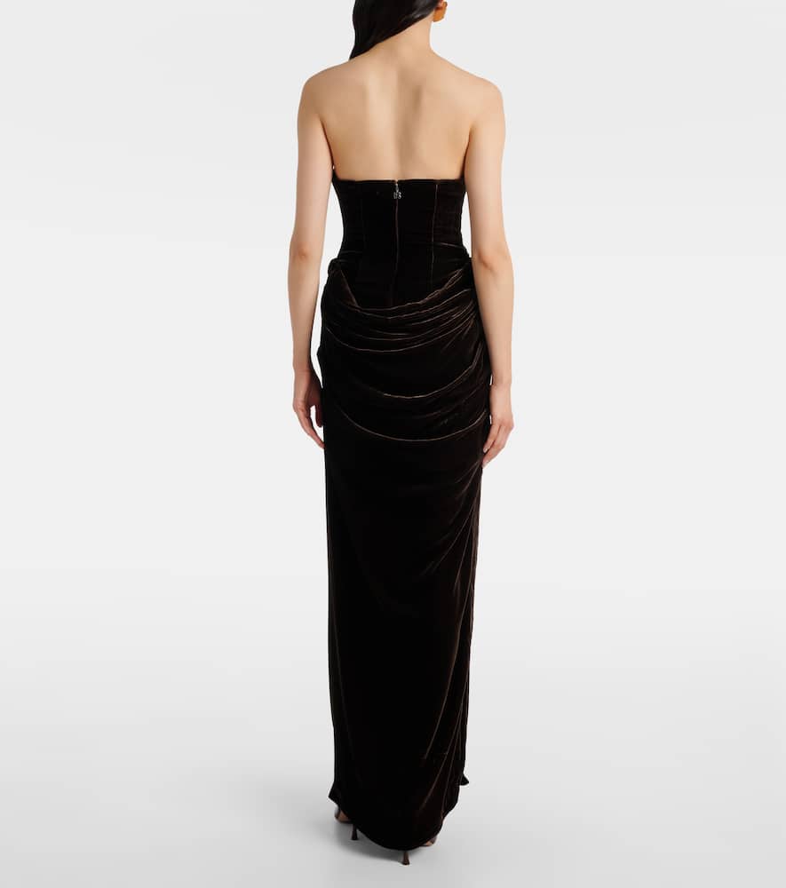Rotate Birger Christensen Draped Velvet Bustier Gown In Brown