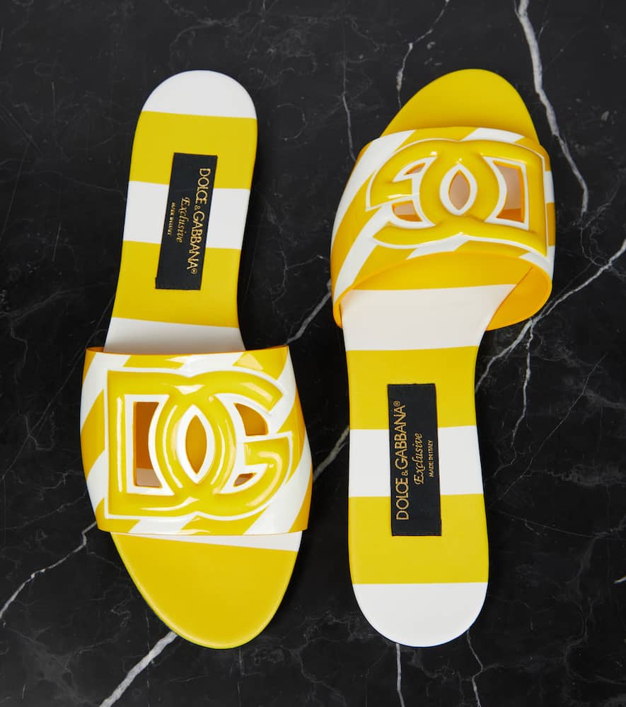 Dolce & Gabbana Portofino Striped Leather Slides In Yellow