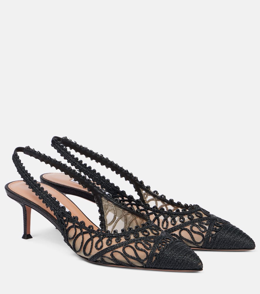 Aquazzura Kahlo 50 Raffia-effect Slingback Pumps In Black