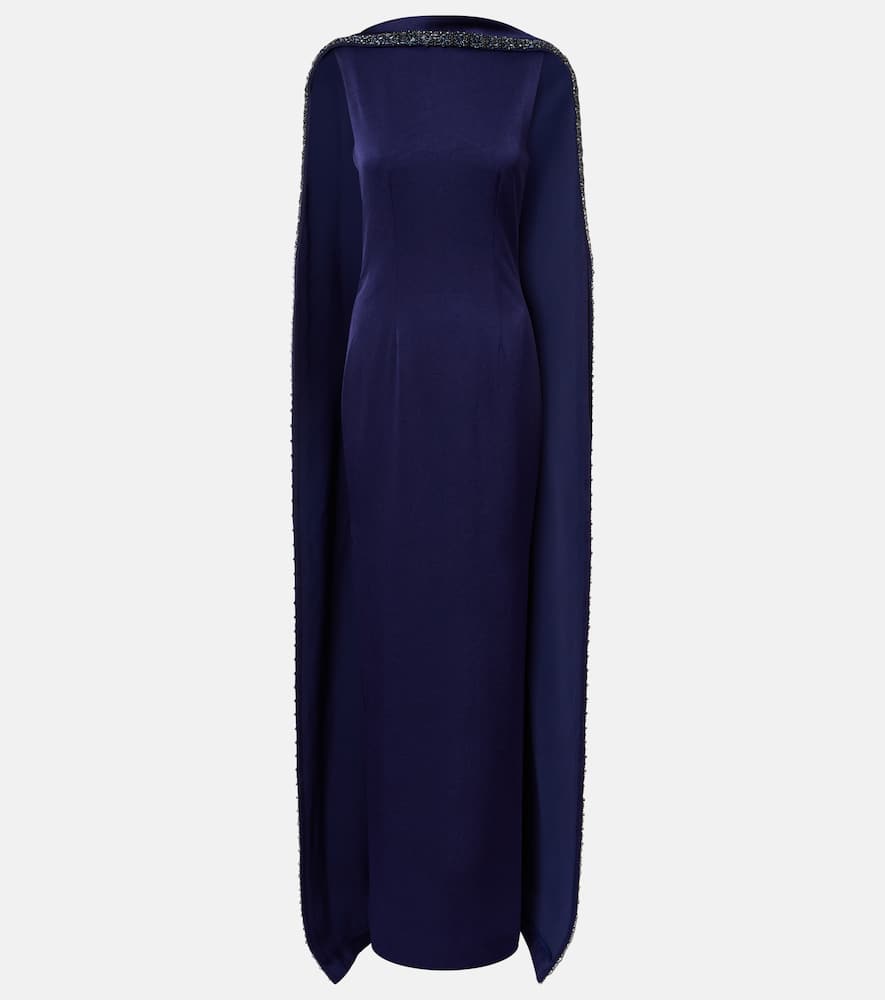 Roland Mouret Embellished Caped Satin Crepe Gown In Blue