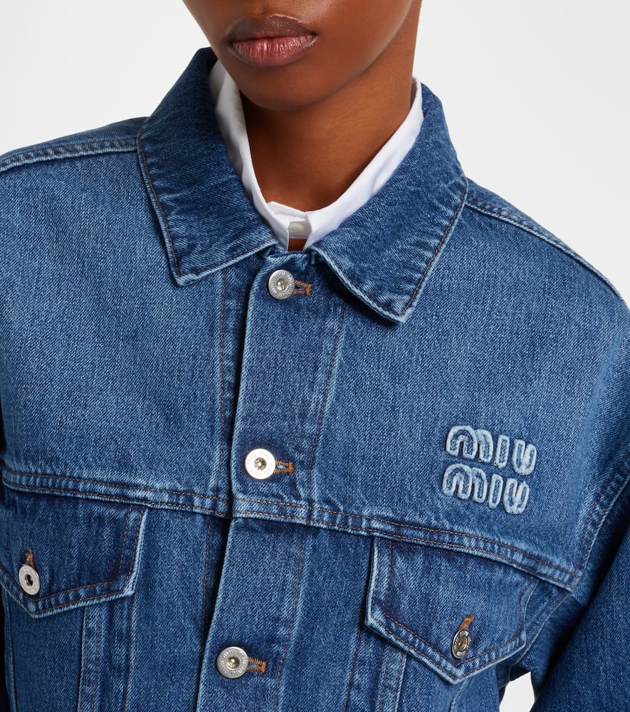 Miu Miu Cropped Logo Denim Jacket In Blue