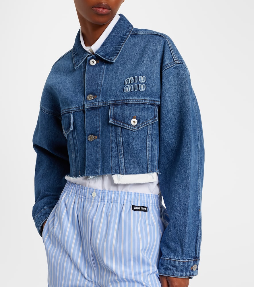Miu Miu Cropped Logo Denim Jacket In Blue