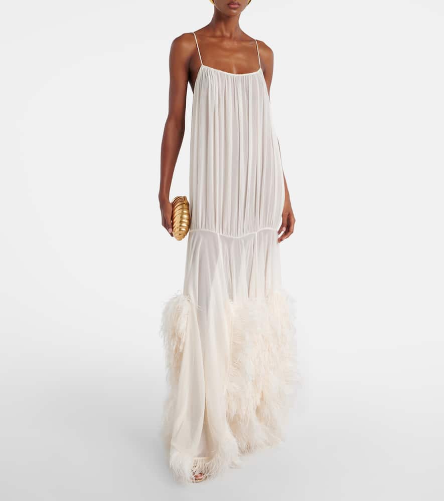 Xu Zhi Feather-trimmed Gathered Gown In White