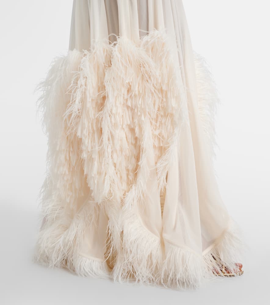 Xu Zhi Feather-trimmed Gathered Gown In White