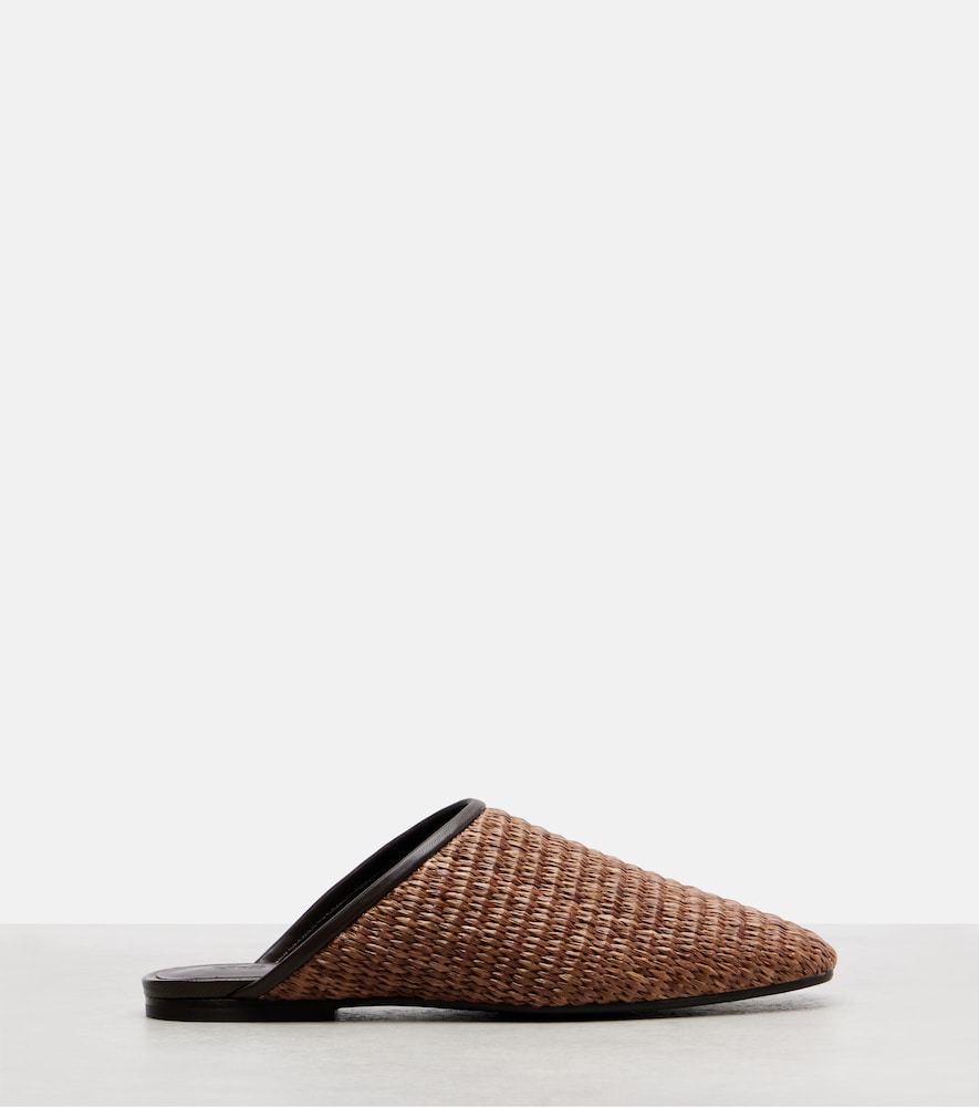 Leather-Trimmed Raffia Mules