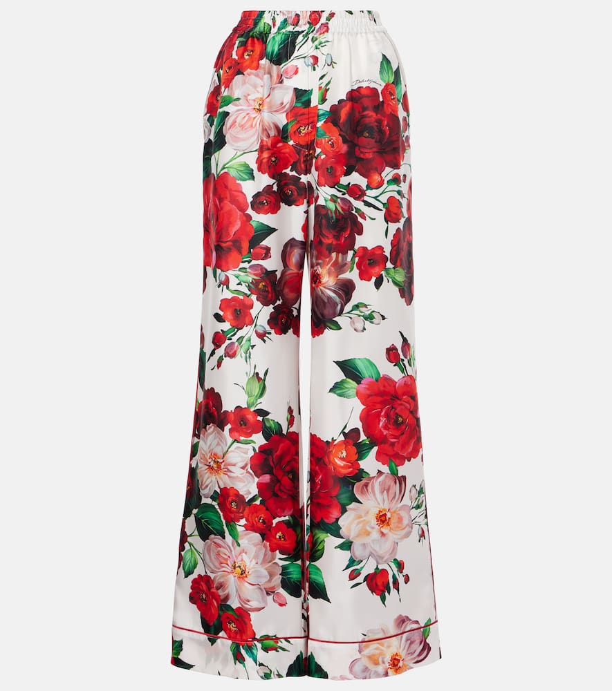 Floral silk satin wide-leg pants