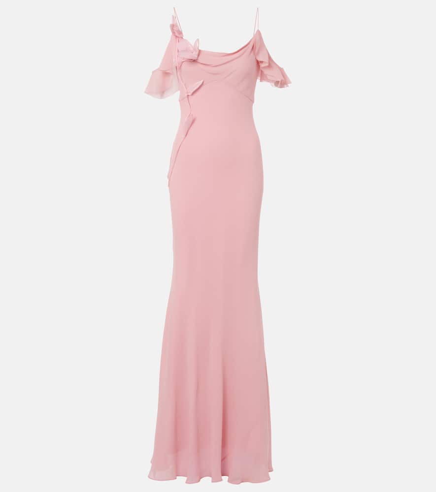Floral-appliqué georgette gown