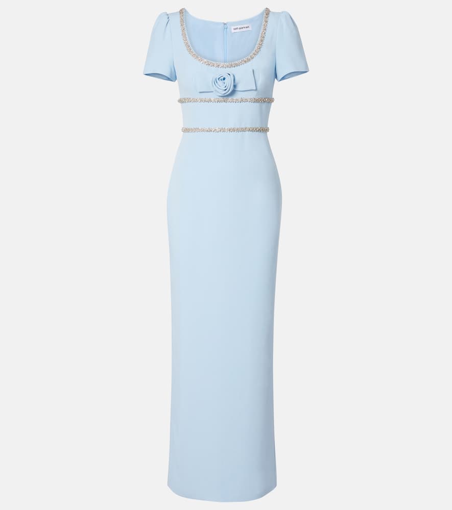 Floral-appliqué crêpe maxi dress
