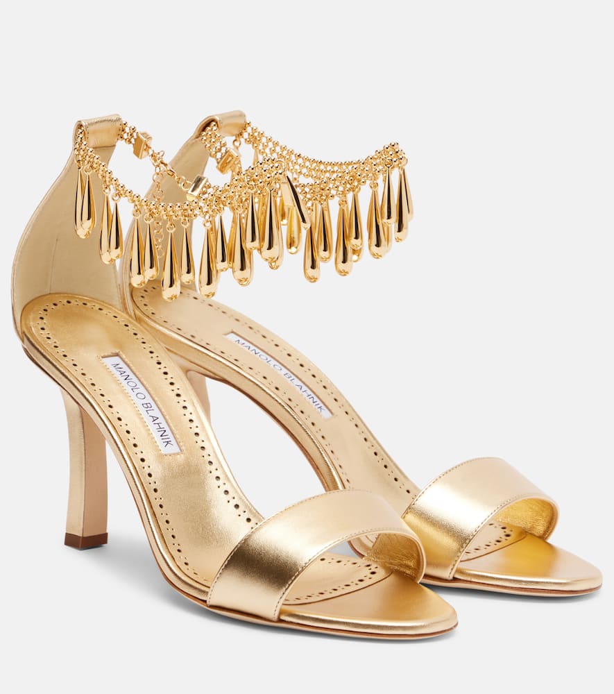Manolo Blahnik Nicusan Embellished Ankle-chain Leather Sandals In Multi