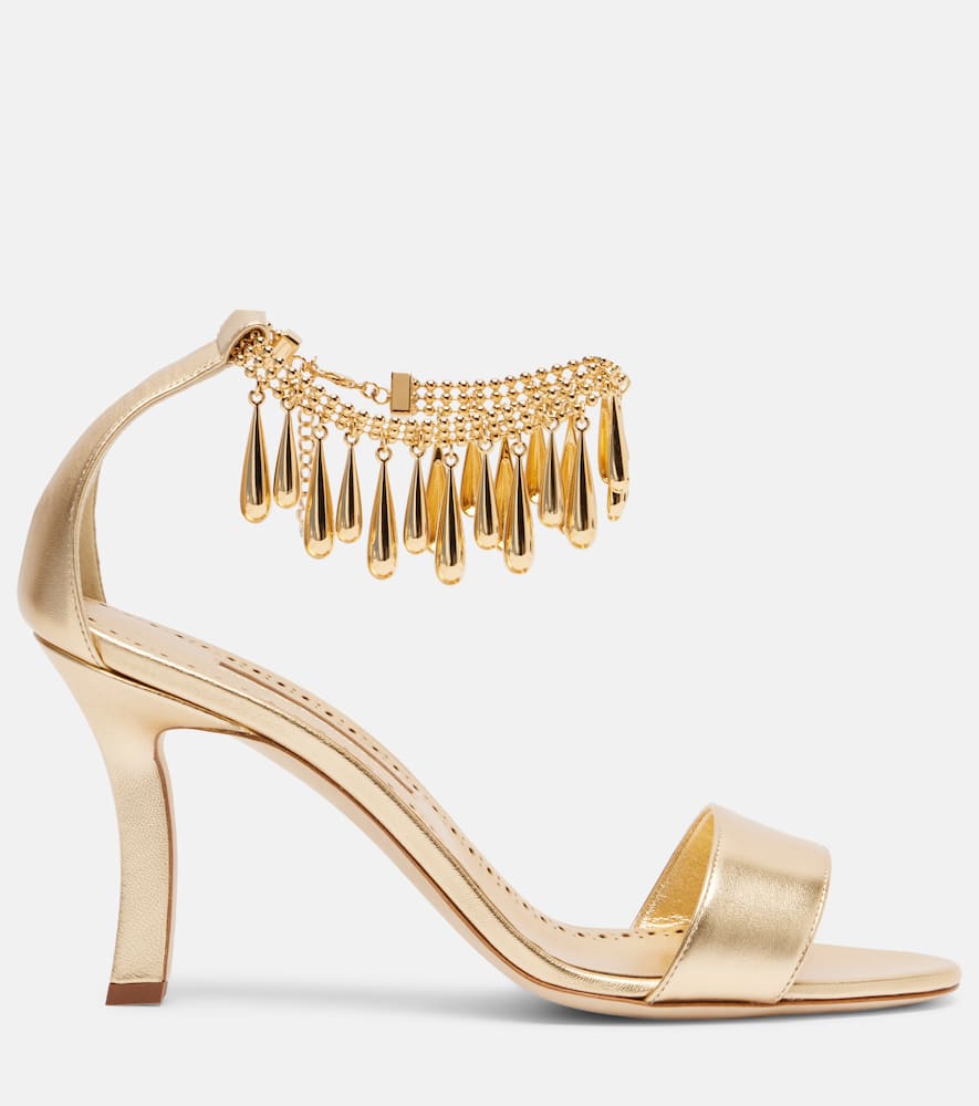 Manolo Blahnik Nicusan Embellished Ankle-chain Leather Sandals In Multi