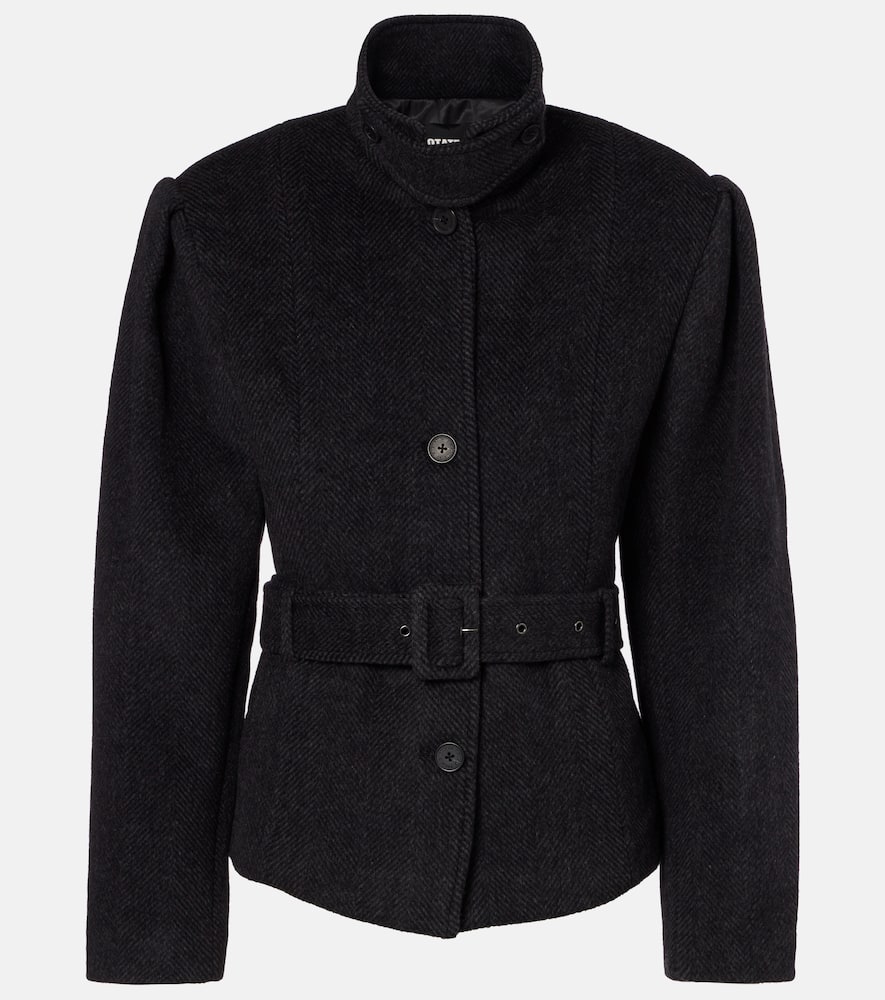 Rotate Birger Christensen Marie Belted Herringbone Wool-blend Jacket In Black