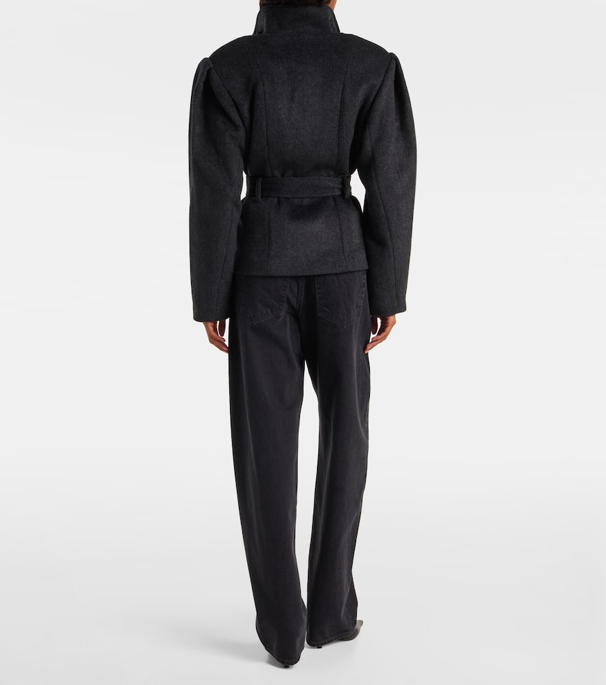 Rotate Birger Christensen Marie Belted Herringbone Wool-blend Jacket In Black