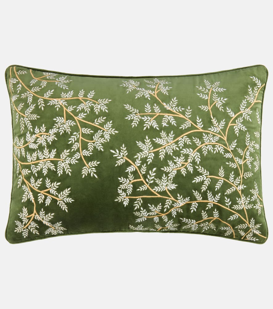 Les-ottomans Embroidered Cotton Velvet Cushion In Green