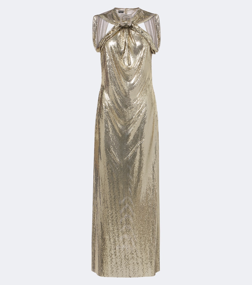 Rabanne X Dinh Van Draped Mesh Gown In Gold