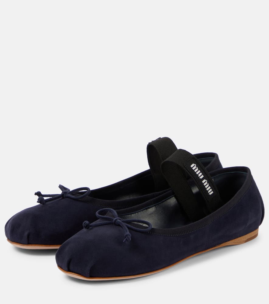 Shop Miu Miu Logo Suede Ballet Flats In Blue