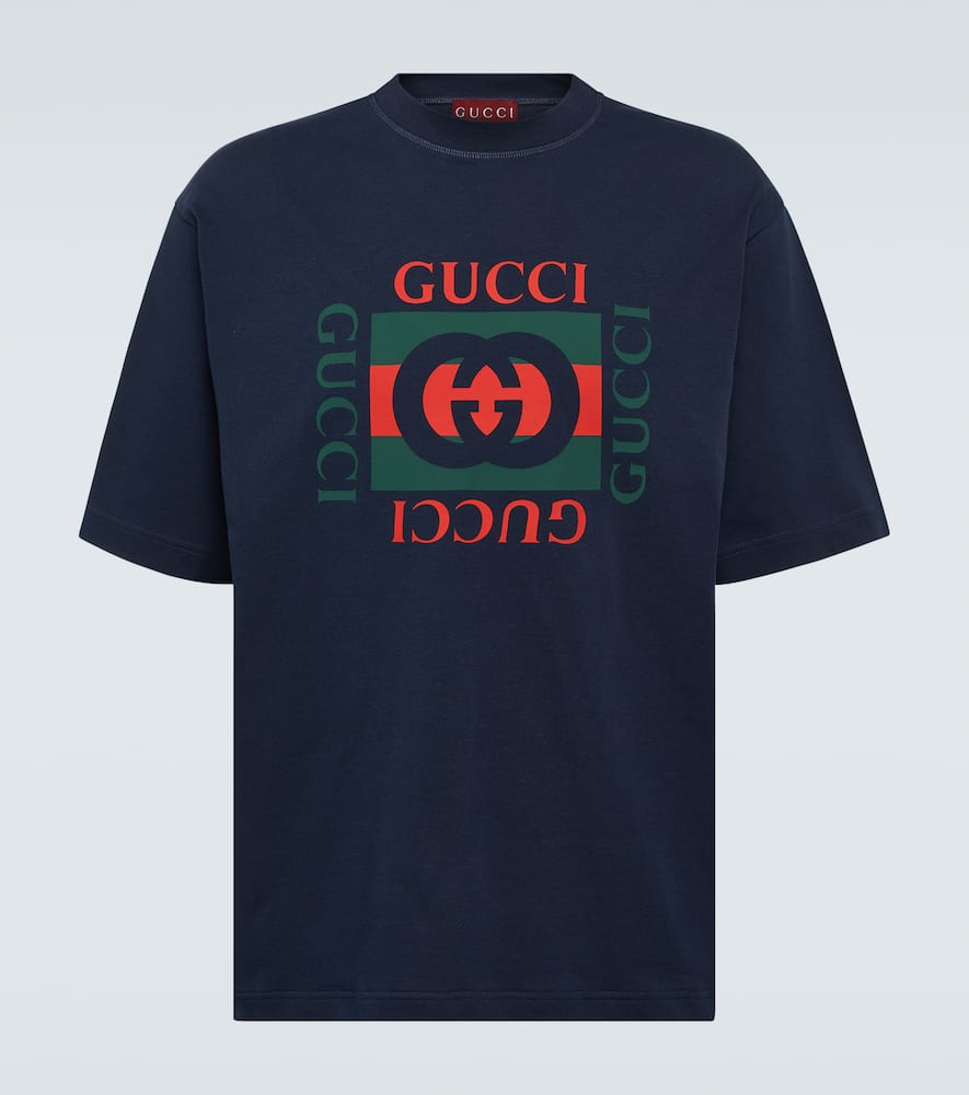 Shop Gucci Logo Cotton Jersey T-shirt In Blue