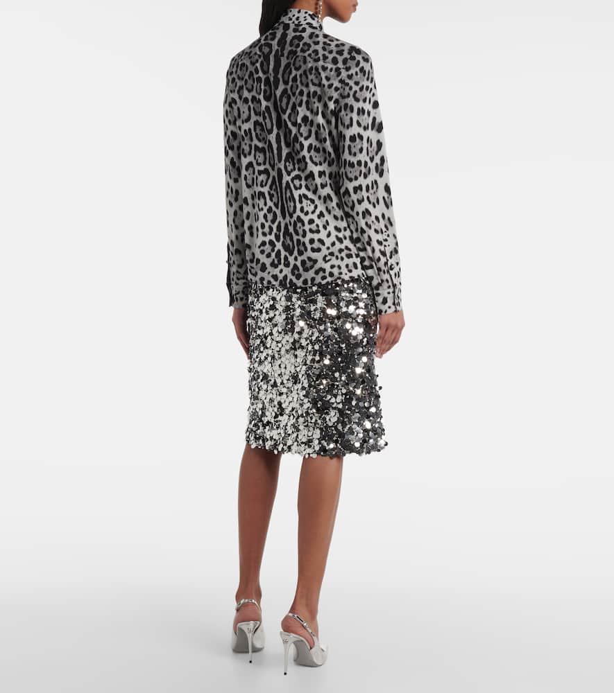 Dolce & Gabbana Leopard Print Bow Charmeuse Shirt In Gray