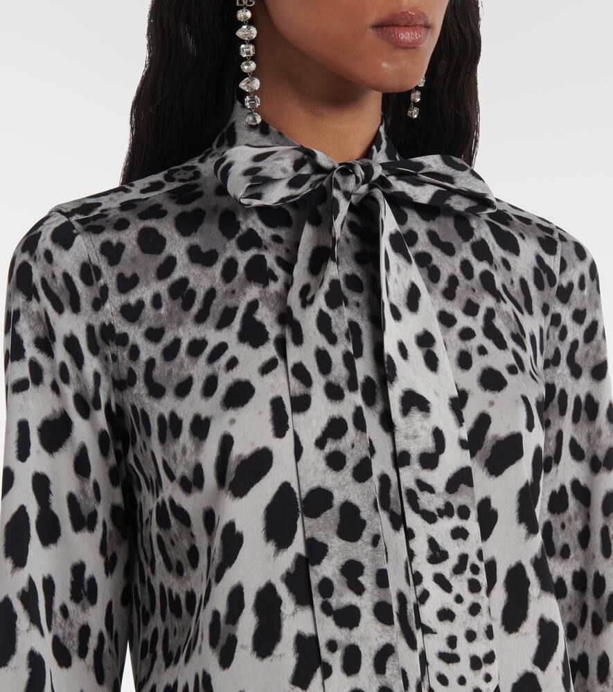 Dolce & Gabbana Leopard Print Bow Charmeuse Shirt In Gray