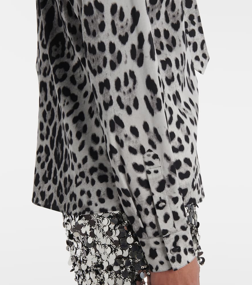 Dolce & Gabbana Leopard Print Bow Charmeuse Shirt In Gray