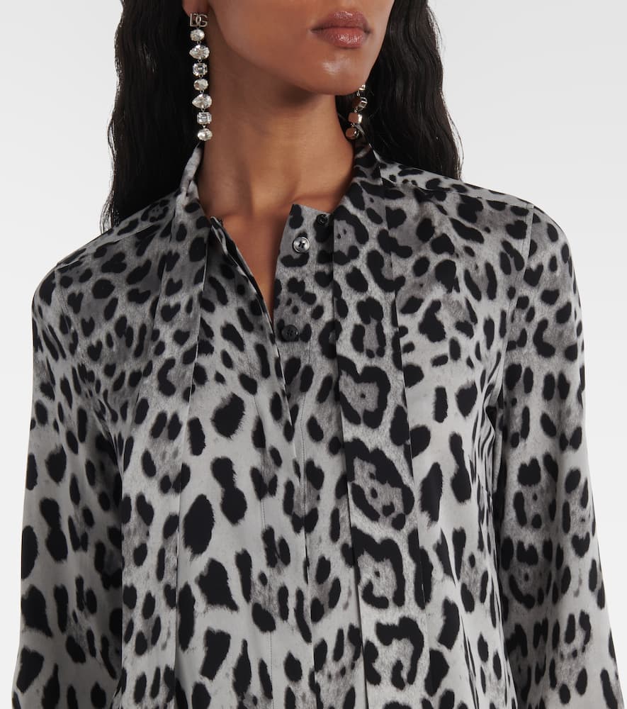 Dolce & Gabbana Leopard Print Bow Charmeuse Shirt In Gray