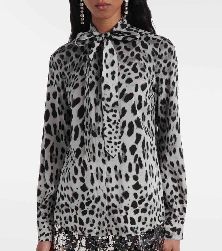 Dolce & Gabbana Leopard Print Bow Charmeuse Shirt In Gray