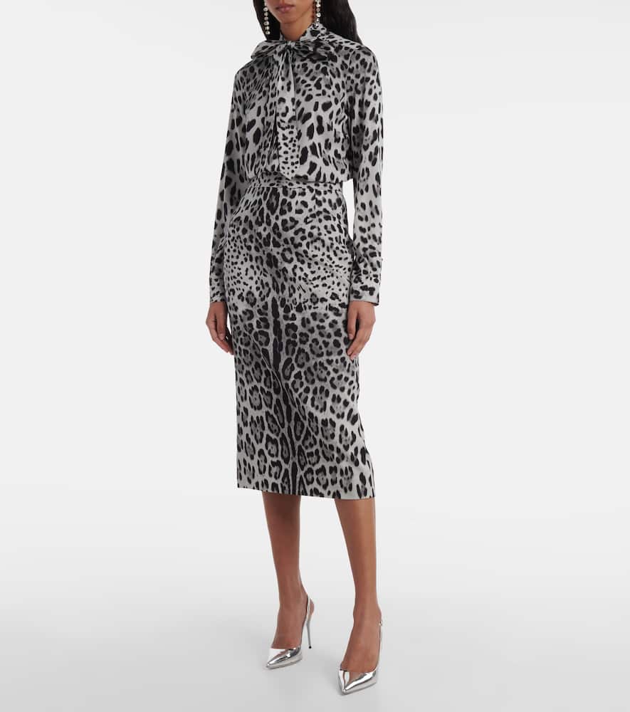 Dolce & Gabbana Leopard Print Bow Charmeuse Shirt In Gray