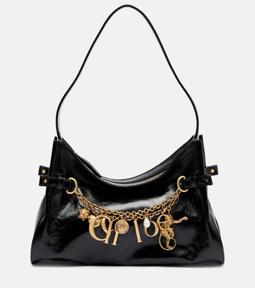 Chloé Logo Charm Hobo Bag In Shiny Leather In Black