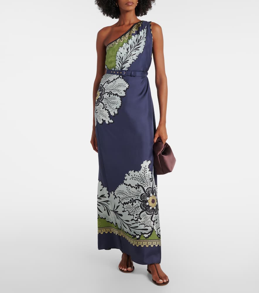 La Doublej Roy Floral One-shoulder Silk Maxi Dress In Burgundy