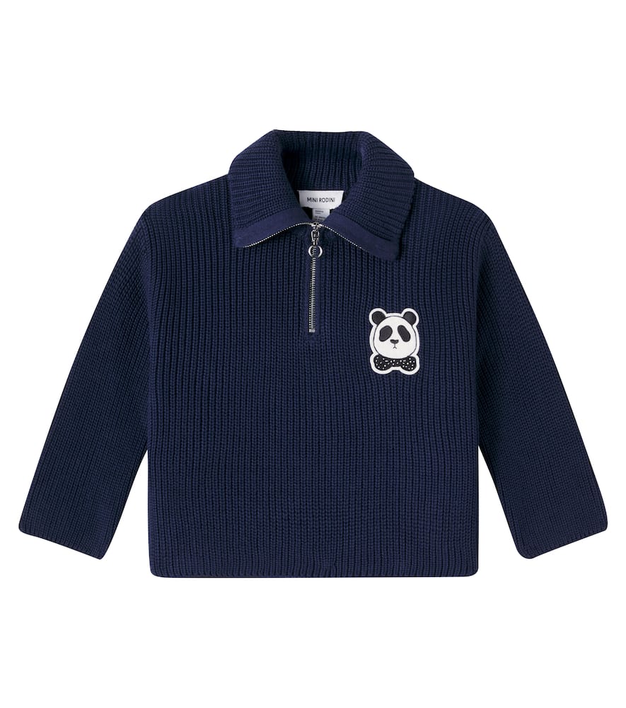 Mini Rodini Panda Cotton Half-zip Sweater In Blue