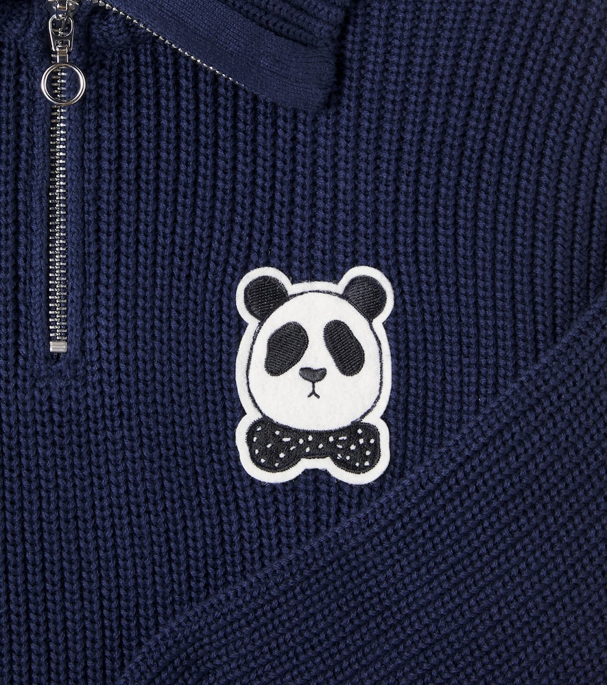 Mini Rodini Panda Cotton Half-zip Sweater In Blue