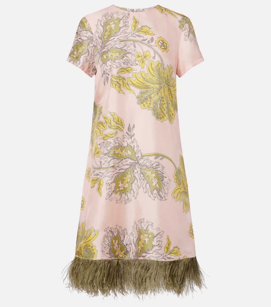 La DoubleJ Swing feather-trimmed floral silk twill minidress