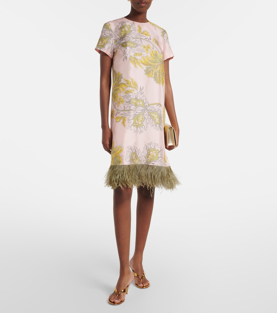 La DoubleJ Swing feather-trimmed floral silk twill minidress