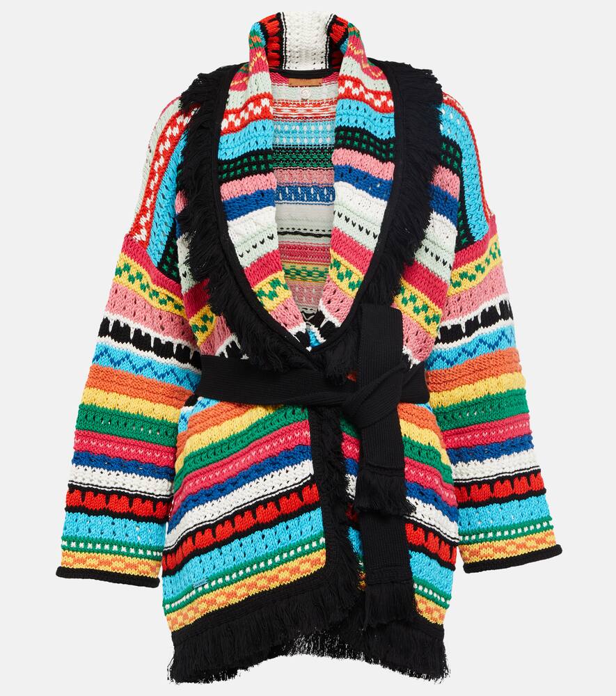 Alanui Over The Horizon Striped Belted Open-knit Cotton Cardigan In Black Multi