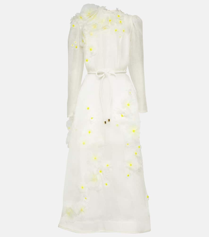 Shop Zimmermann Daisy Floral-appliqué Linen And Silk Midi Dress In White