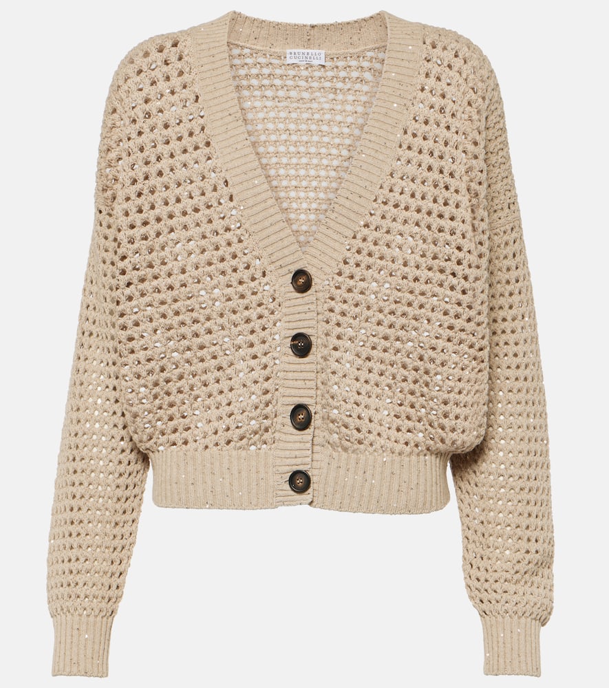 Shop Brunello Cucinelli Sequined Open-knit Cotton-blend Cardigan In Beige