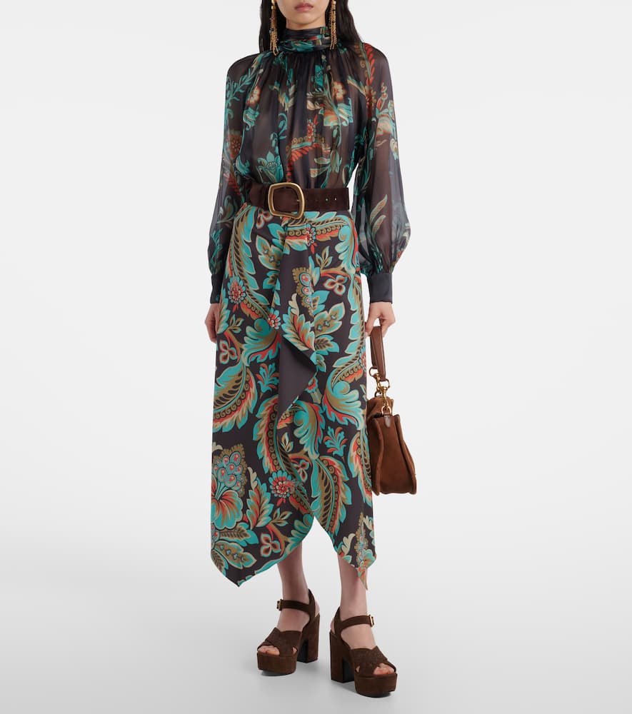 Etro Floral Sheer Silk Chiffon Blouse In Black