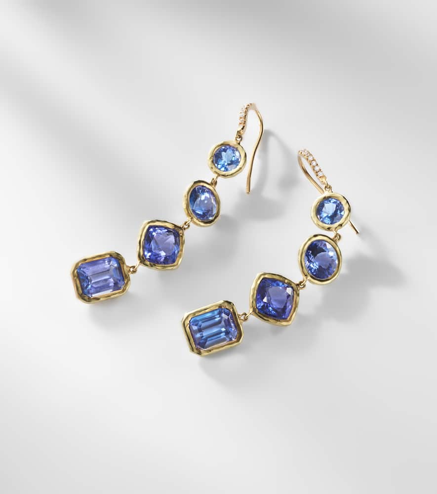 Octavia Elizabeth Cascade 18kt Gold Drop Earrings With Diamonds And Tanzanite In Blue