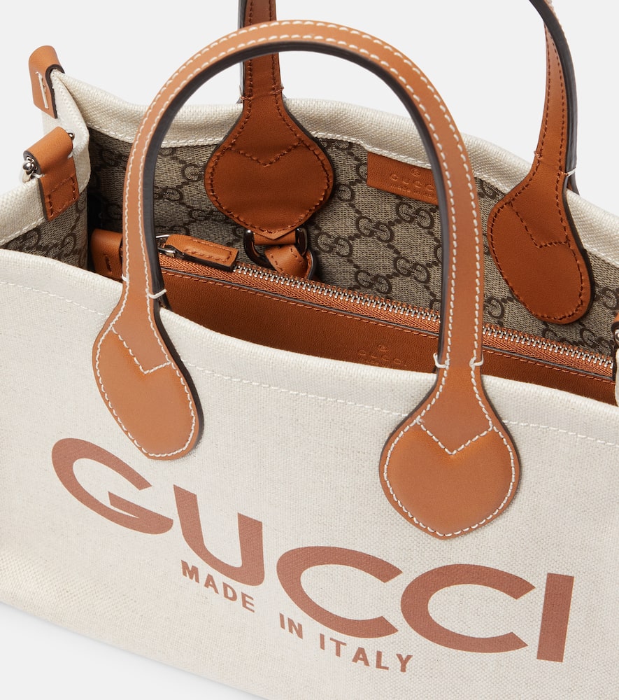 Shop Gucci Mini Logo Leather-trimmed Canvas Tote Bag In Be.eb.greg.h.br/h.br