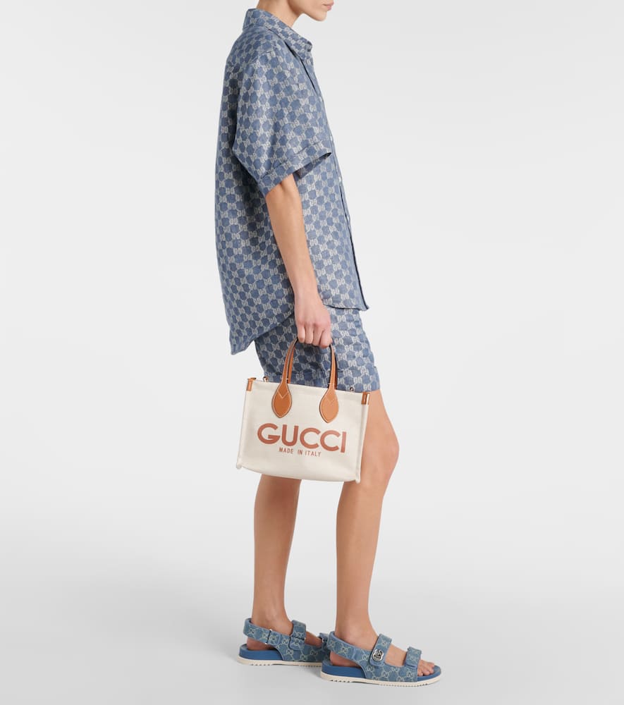 Shop Gucci Mini Logo Leather-trimmed Canvas Tote Bag In Be.eb.greg.h.br/h.br