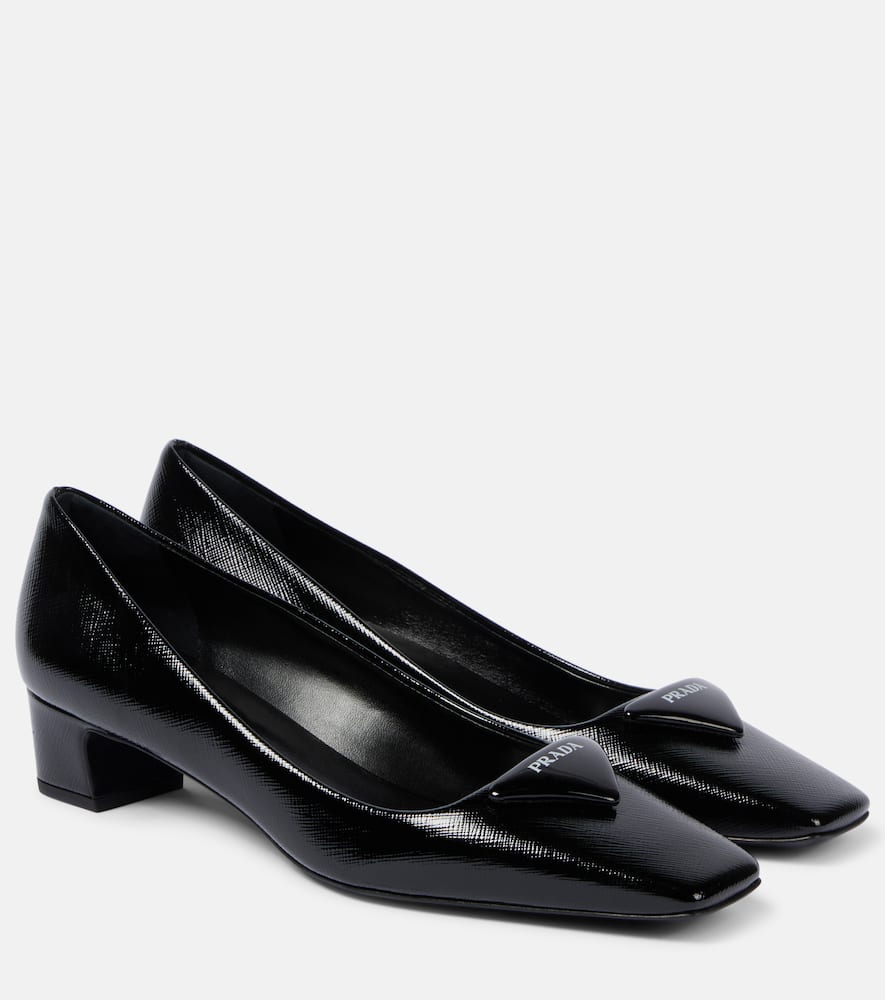Prada Triangle Saffiano Patent Pump In Black