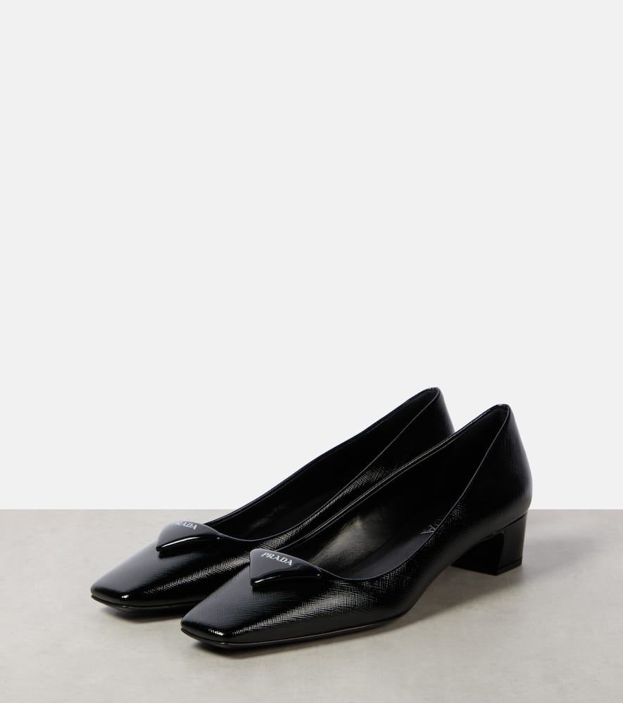 Prada Triangle Saffiano Patent Pump In Black