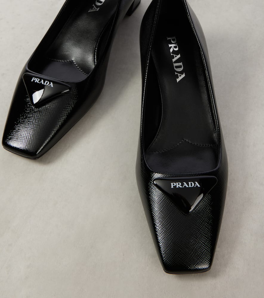 Prada Triangle Saffiano Patent Pump In Black