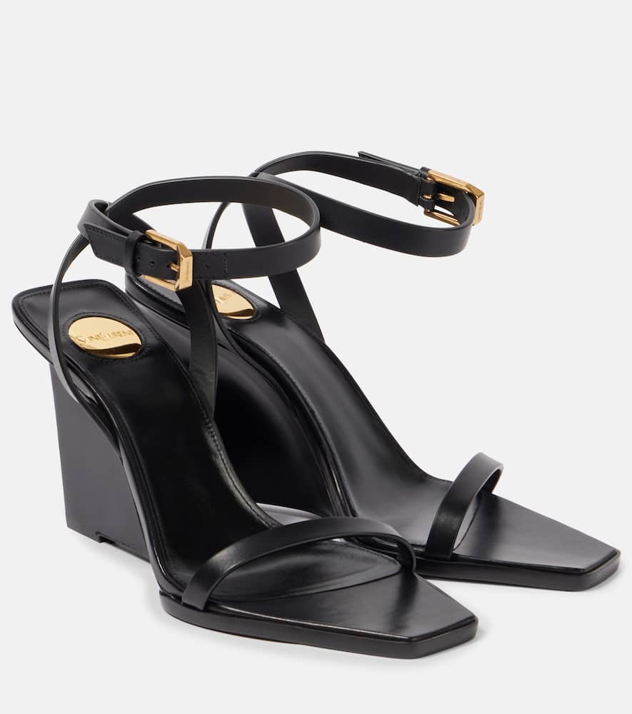 Saint Laurent 90 Leather Wedge Sandals In Black