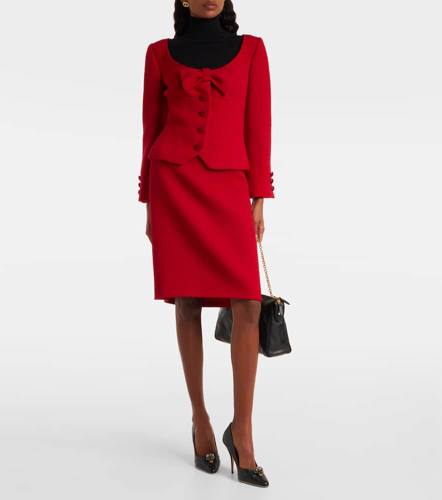 Valentino Bow-detail Cropped Wool-blend Tweed Jacket In Red